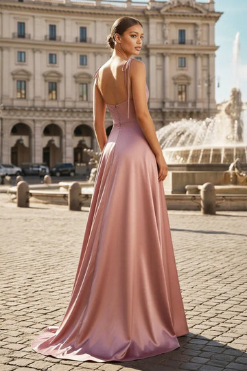 A-Line Cowl Neck Tie Strap Satin Formal Gown Floor Length Evening Dress