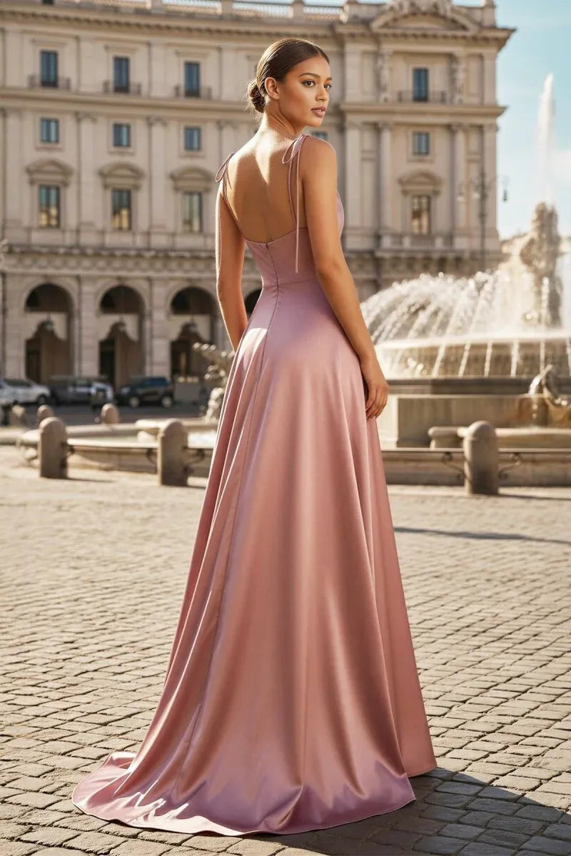 Vestido de noche formal de satén con cuello vuelto, tirantes y corte en A hasta el suelo