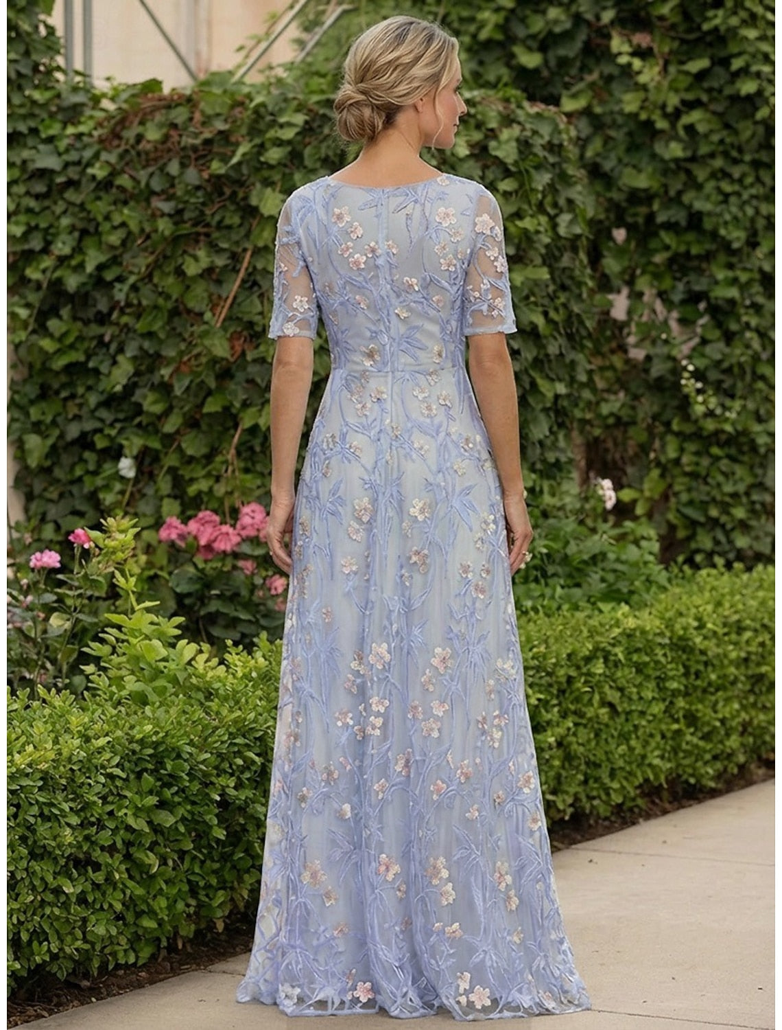 V-Neck Half Sleeve Floral Embroidered Tulle A-Line Floor-Length Mother of the Bride Dress