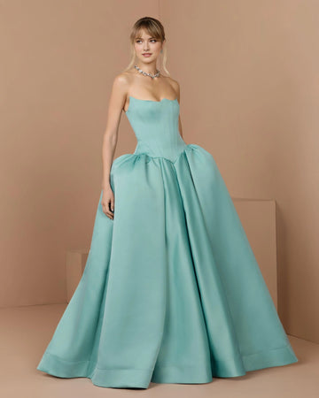 Seafoam strapless sweetheart ball gown prom dress with structured corset bodice and full floor length skirt front view