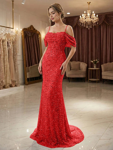 Vedress red sequin mermaid evening dress with a sweetheart neckline, thin straps, draped off-shoulder sleeves, and sweep train, front view.