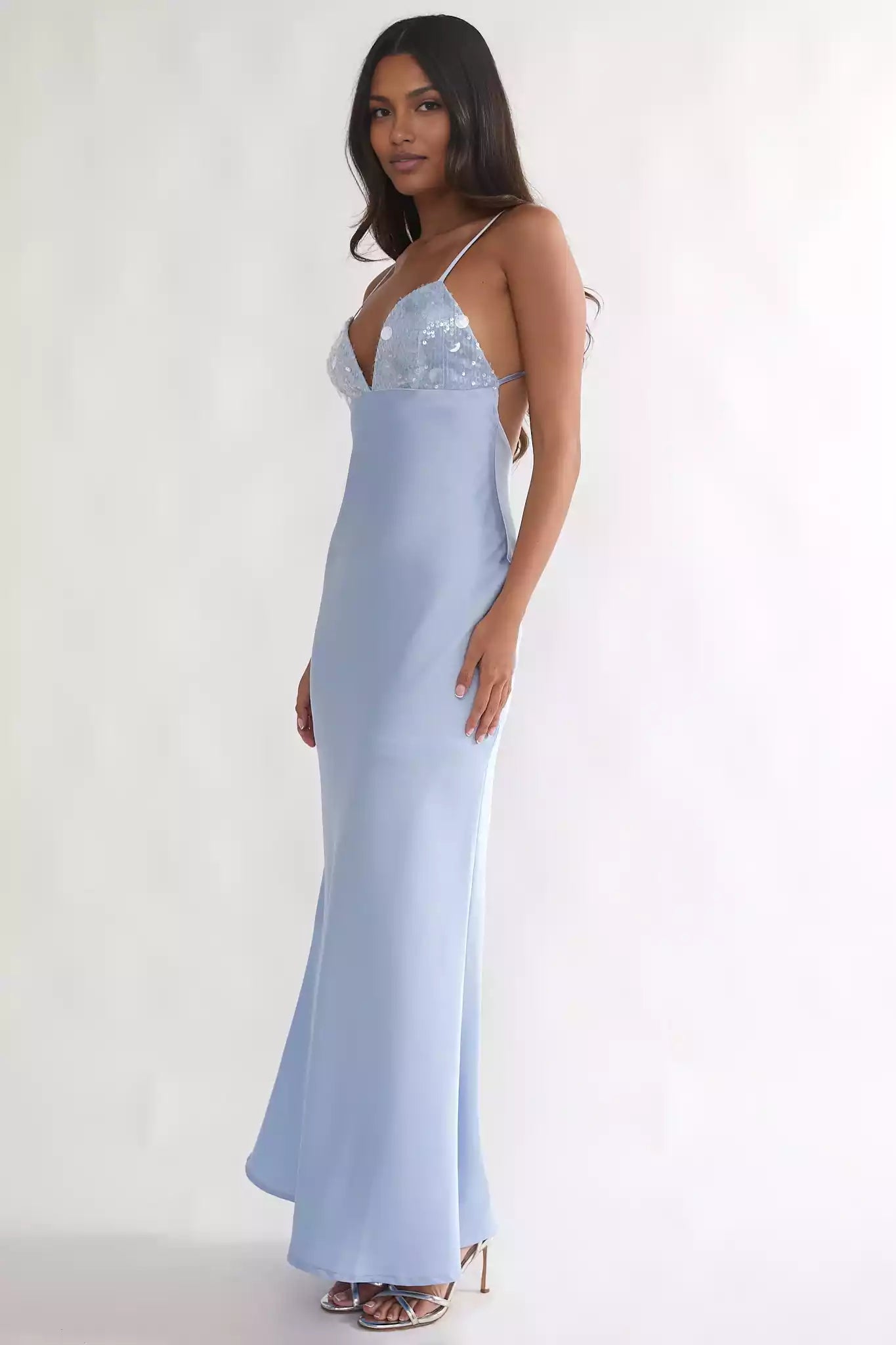 Sequin V-Neck Spaghetti Strap Satin Maxi Wedding Guest Dress With Open Back