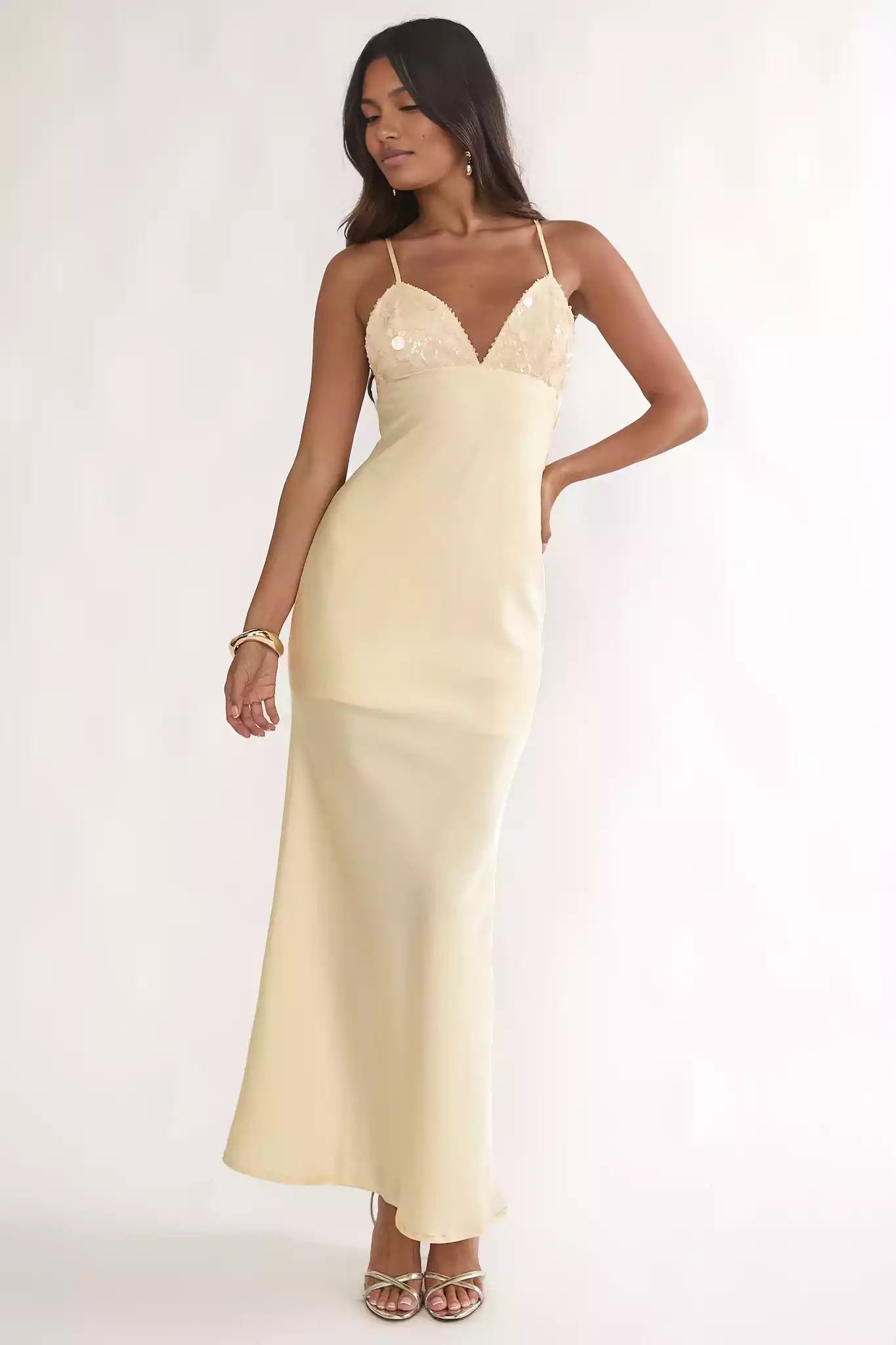 Sequin V-Neck Spaghetti Strap Satin Maxi Wedding Guest Dress With Open Back