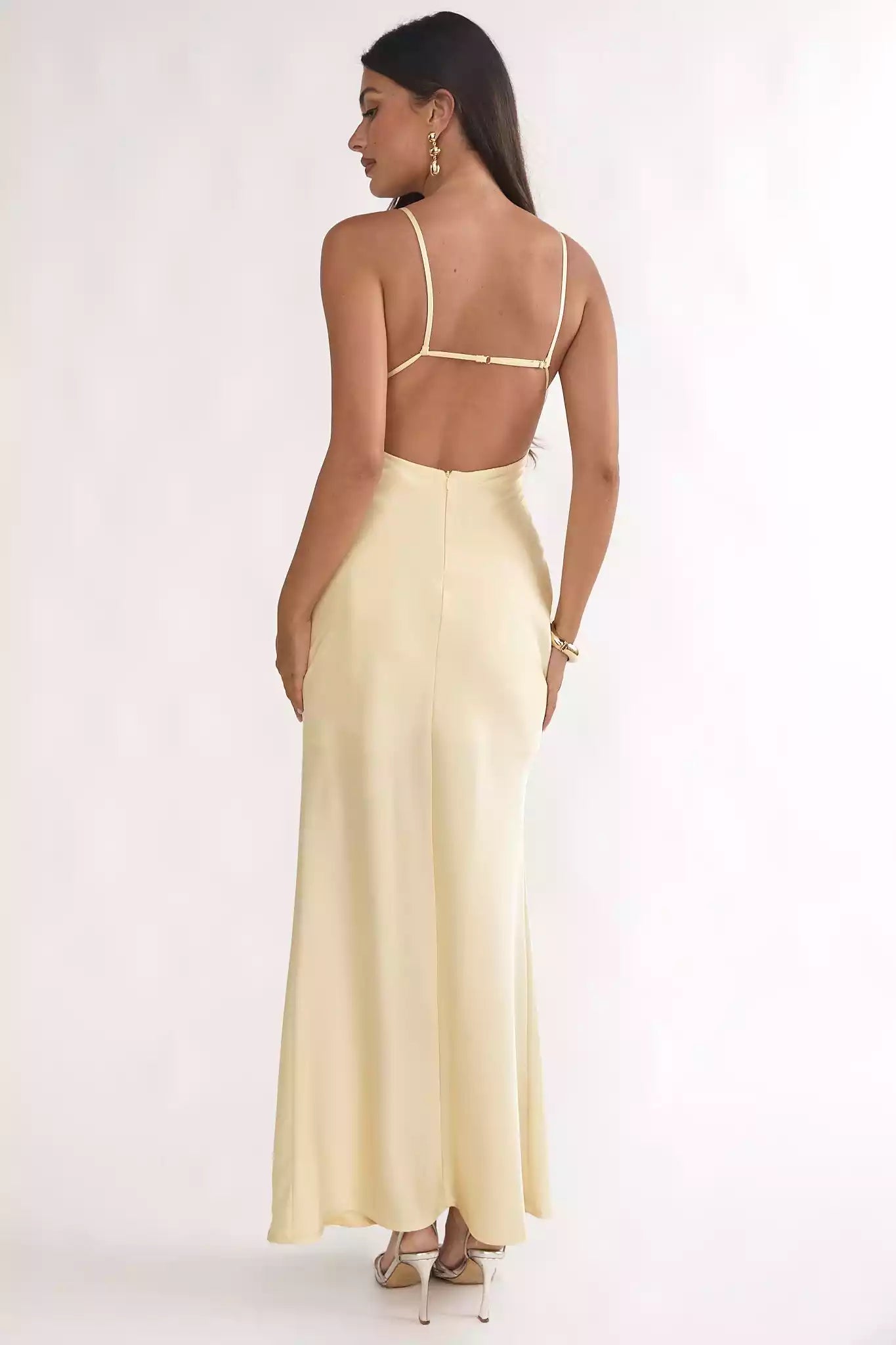 Sequin V-Neck Spaghetti Strap Satin Maxi Wedding Guest Dress With Open Back