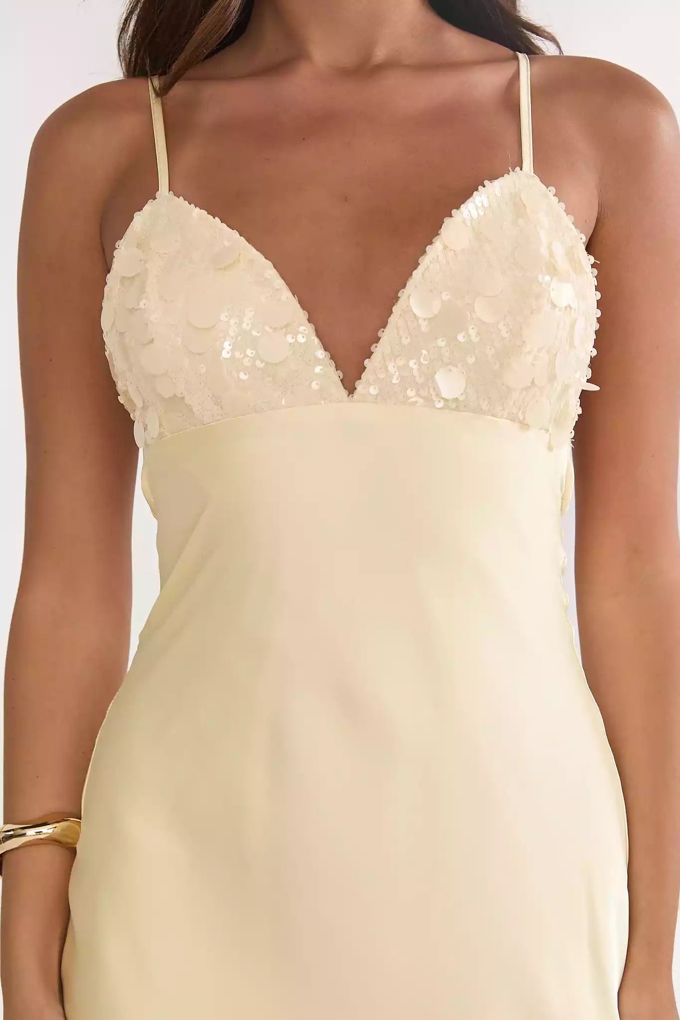 Sequin V-Neck Spaghetti Strap Satin Maxi Wedding Guest Dress With Open Back