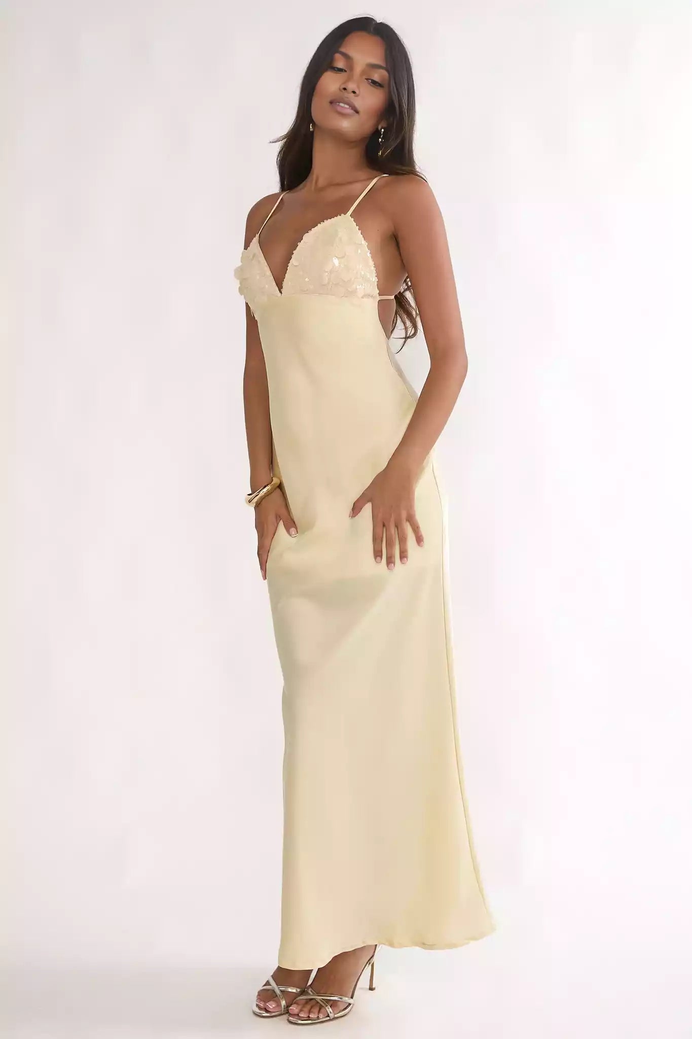 Sequin V-Neck Spaghetti Strap Satin Maxi Wedding Guest Dress With Open Back