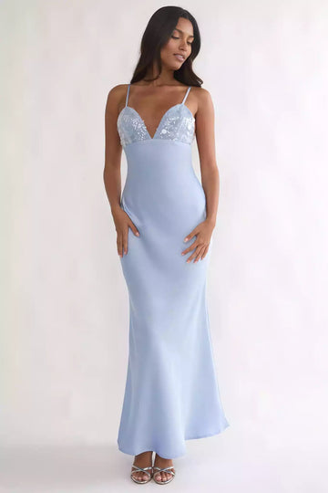 Sequin V-Neck Spaghetti Strap Satin Maxi Wedding Guest Dress With Open Back