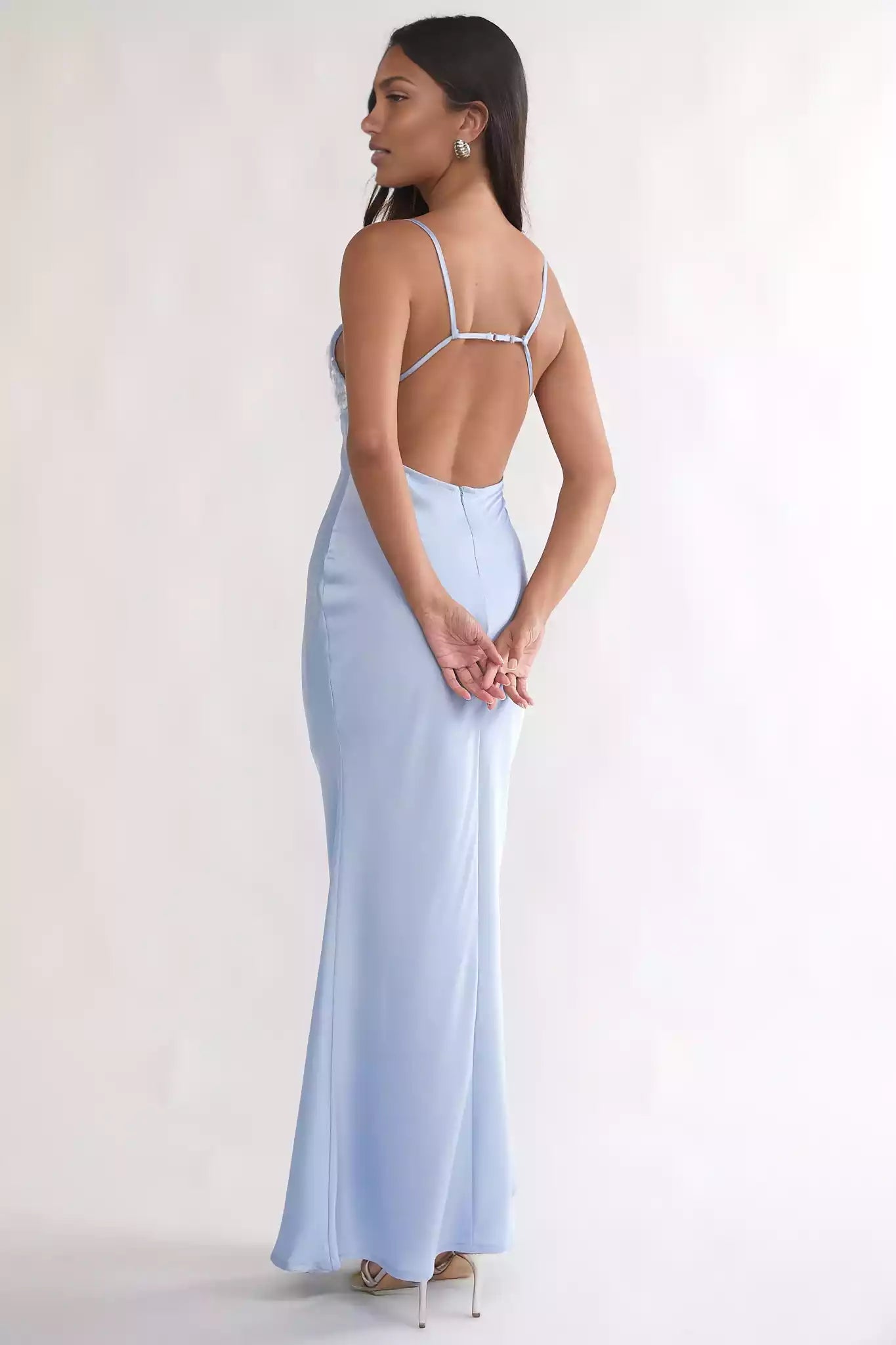 Sequin V-Neck Spaghetti Strap Satin Maxi Wedding Guest Dress With Open Back