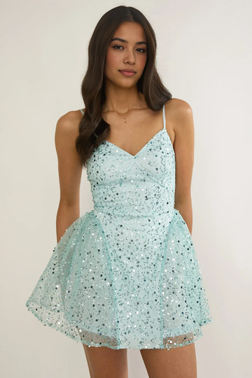 Sequin V-Neck Spaghetti Strap A-line Tulle Homecoming Dress