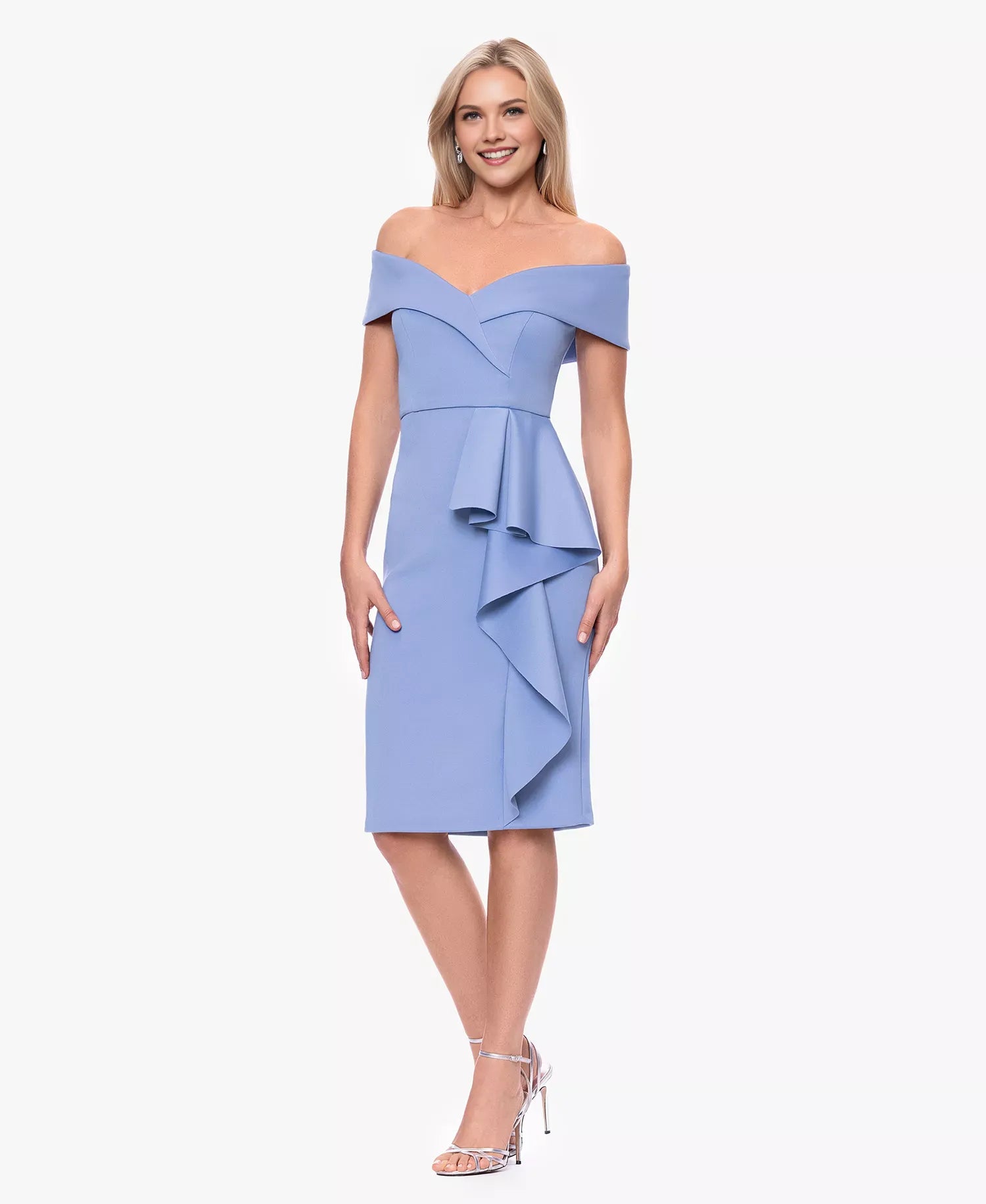 Sheath Off-the-Shoulder Short Sleeve Wedding Guest Dress Crepe Midi Cocktail Dress with Ruffle