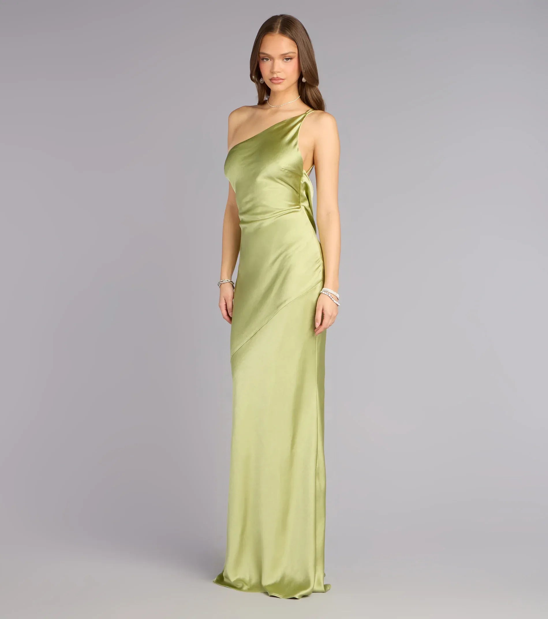 Elegant Sheath One-Shoulder Satin Cowl Back Maxi Gown Formal Prom Dress