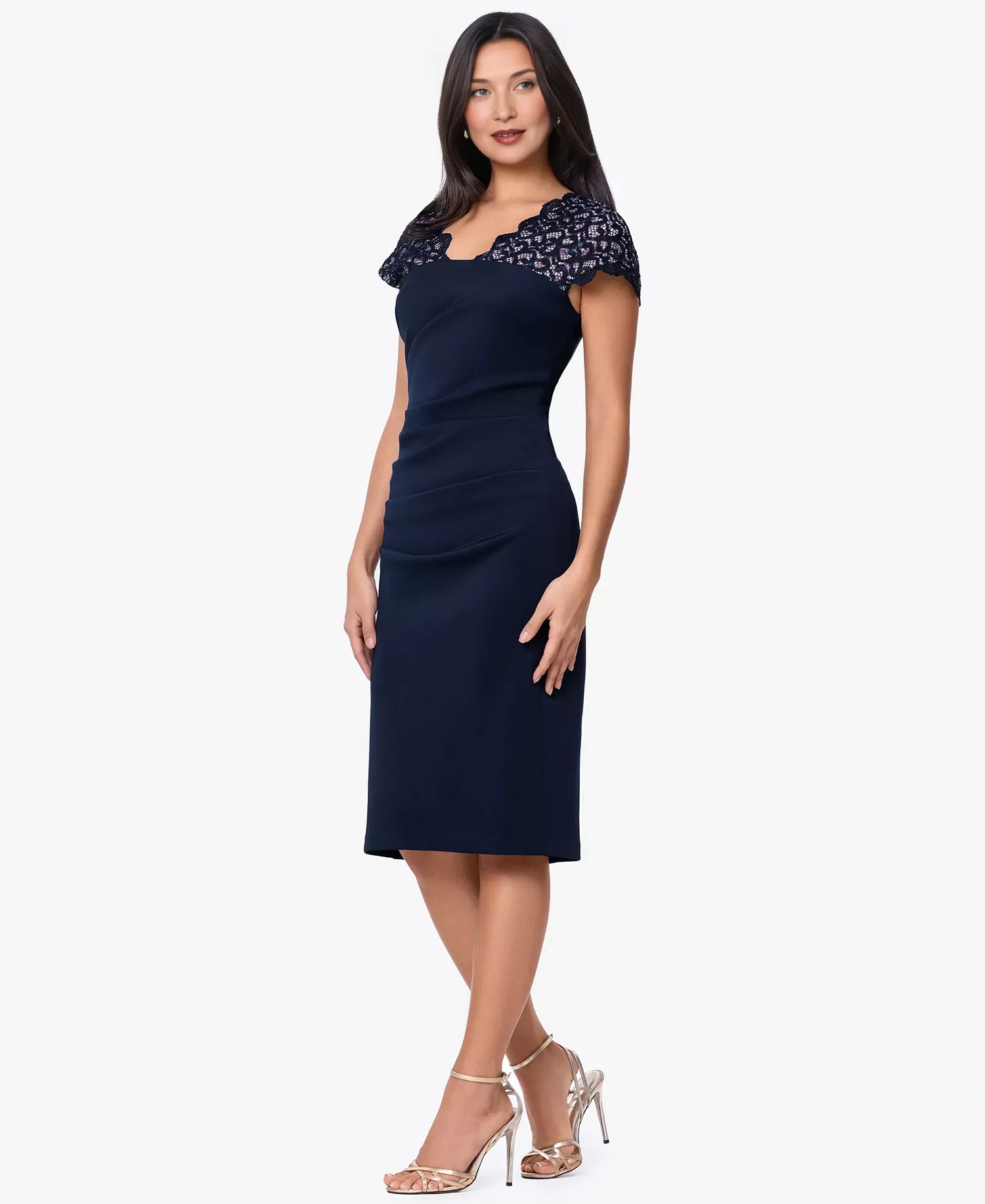 Sheath Scalloped Neck Short Sleeve Wedding Guest Dress Crepe Midi Cocktail Dress with Lace Ruched
