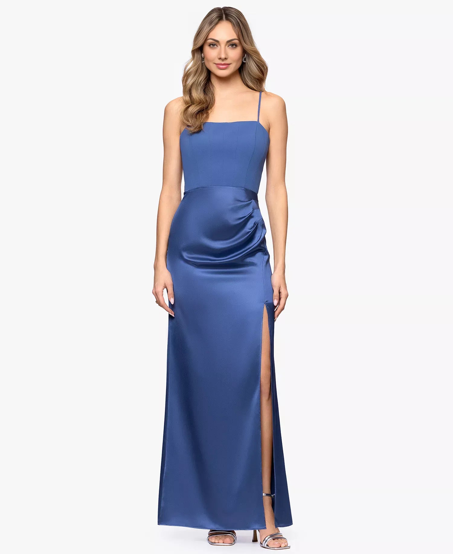 Sleek Sheath Square Neck Sleeveless Wedding Guest Dress Crepe Satin Floor Length Gown with Slit Ruched