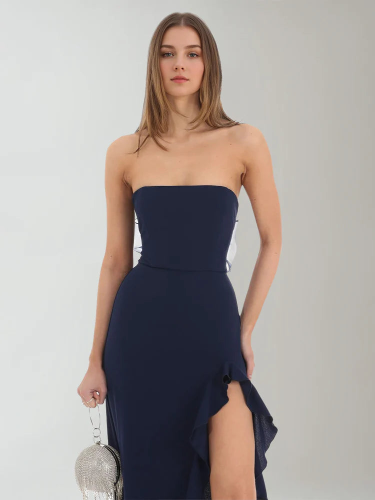 Elegant Sheath Strapless Ruffle Bow Backless Crepe Maxi Gown Wedding Guest Dress