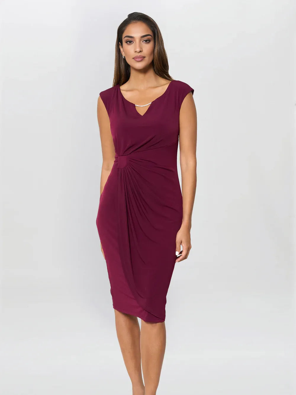 Elegant Sheath V-Neck Ruched Rhinestone Knee Length Wrap Mother of the Bride Dress