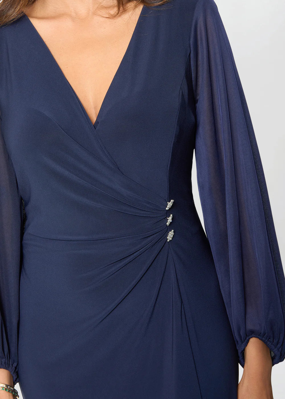 Elegant Sheath V-Neck Ruched Bishop Sleeve Knee Length Chiffon Mother of the Bride Dress