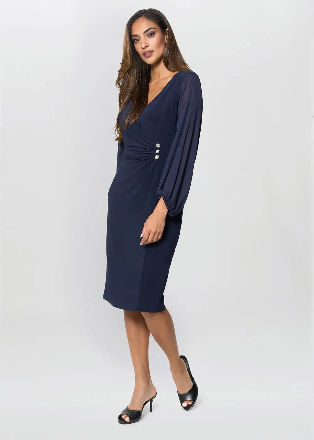 Elegant Sheath V-Neck Ruched Bishop Sleeve Knee Length Chiffon Mother of the Bride Dress