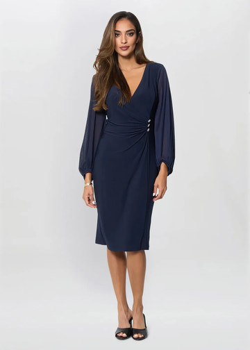 Elegant Sheath V-Neck Ruched Bishop Sleeve Knee Length Chiffon Mother of the Bride Dress