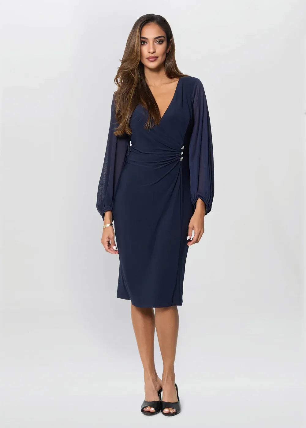 Elegant Sheath V-Neck Ruched Bishop Sleeve Knee Length Chiffon Mother of the Bride Dress