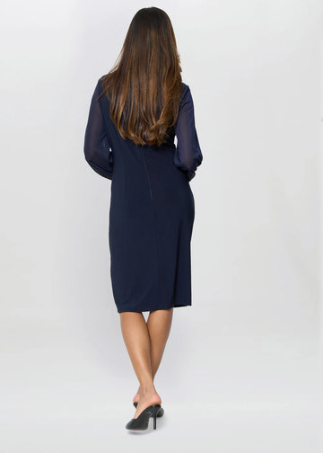 Elegant Sheath V-Neck Ruched Bishop Sleeve Knee Length Chiffon Mother of the Bride Dress