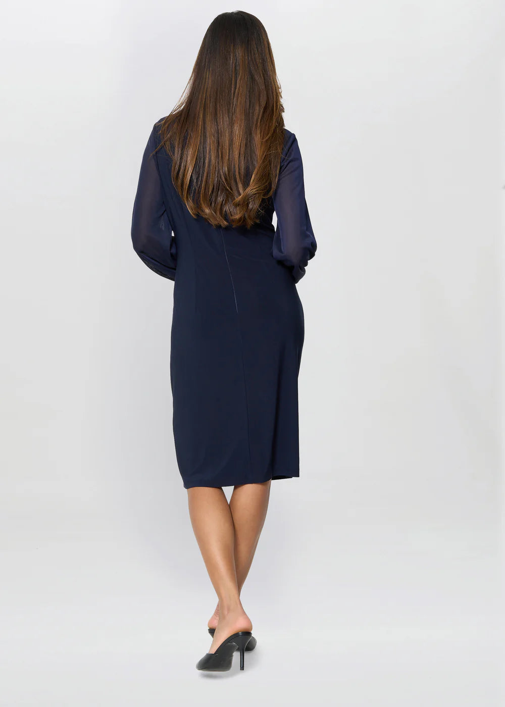Elegant Sheath V-Neck Ruched Bishop Sleeve Knee Length Chiffon Mother of the Bride Dress