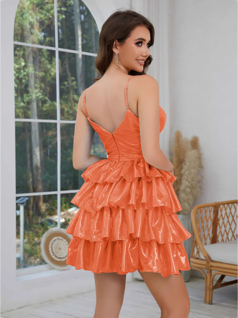 Shimmering Tiered A-line Plunge V-neck Sleeveless Metallic Satin Mini Ruffled Homecoming Dress