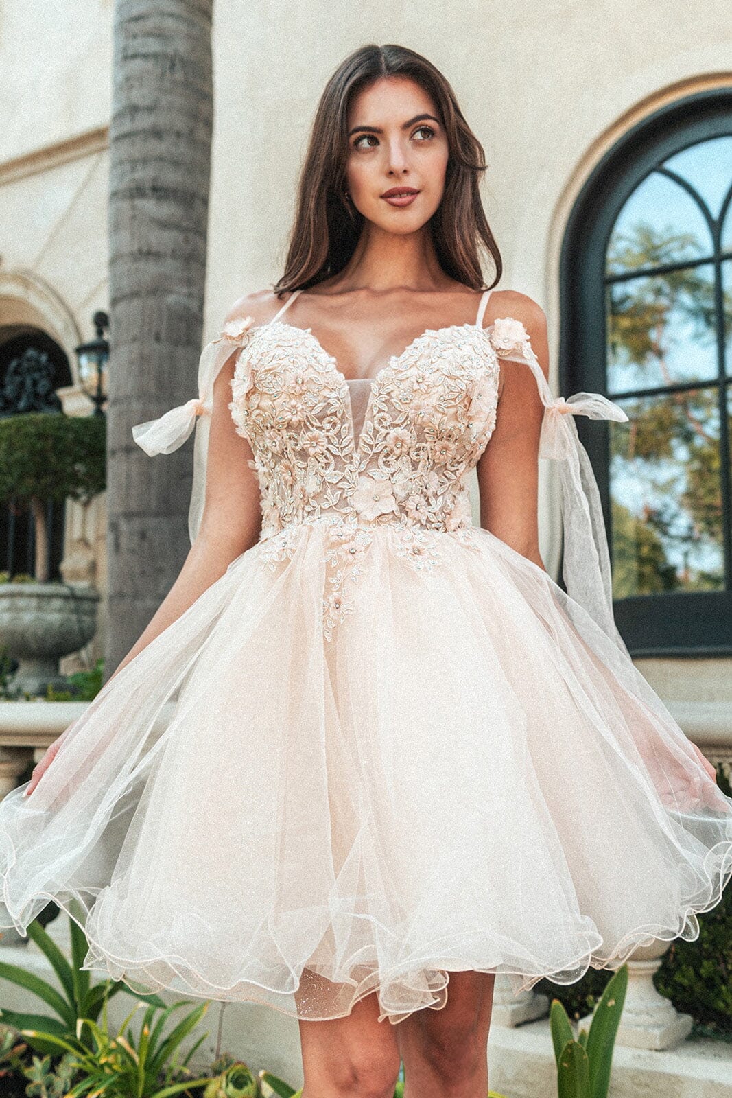 Whimsical A-line V-neck Off-the-shoulder Glitter Tulle Short Floral Lace-up Back Homecoming Dress