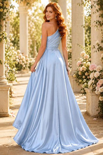 Sky blue one shoulder bridesmaid dress with asymmetric back and flowing A-line skirt back view