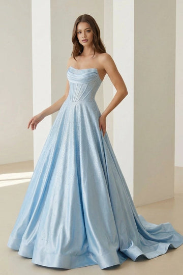 Sky blue strapless ball gown prom dress with structured sparkling corset bodice