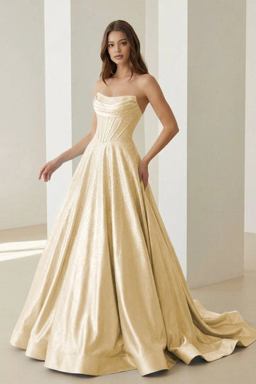 Dreamy Ball Gown Straight Neck Strapless Lace-Up Back Floor-Length Prom Dress