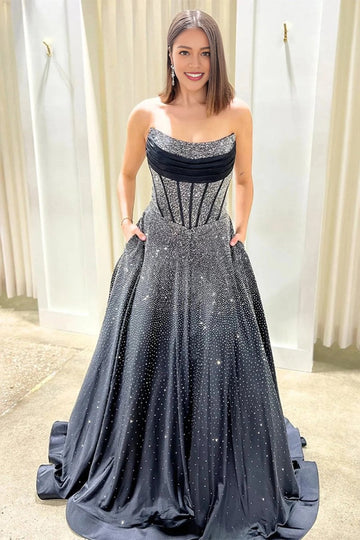Dreamy Ball Gown Straight Neck Strapless Lace-Up Back Floor-Length Prom Dress