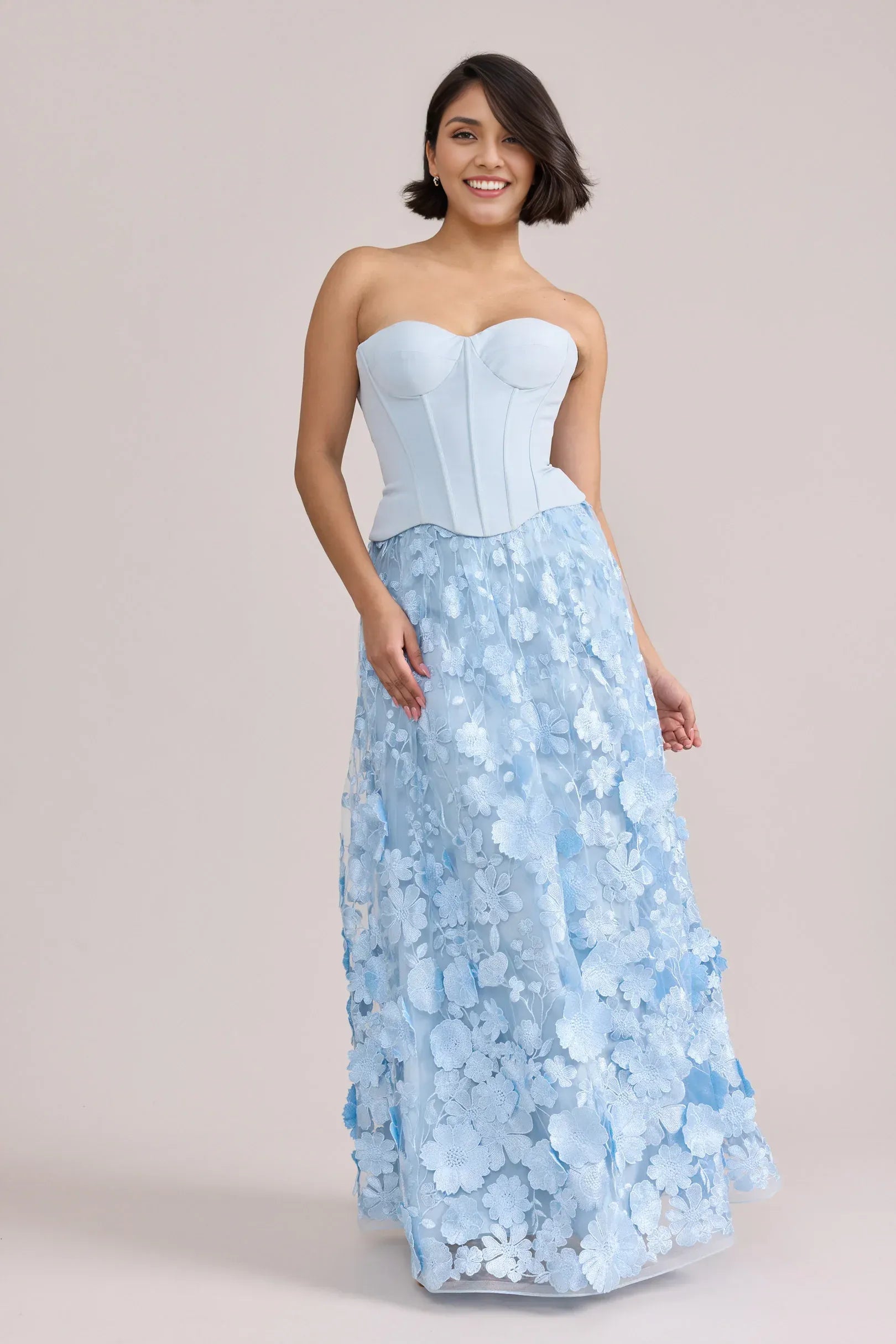 Elegant A-Line Strapless Sweetheart Satin Corset 3D Floral Tulle Long Prom Gown