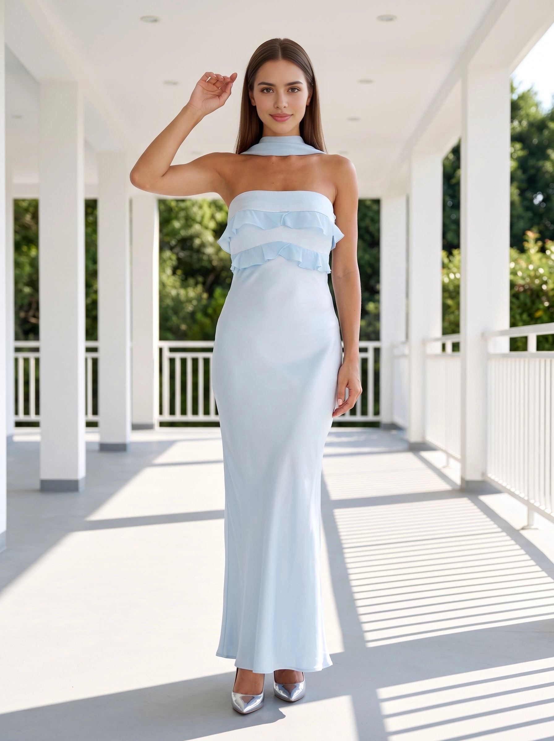 Sky blue mermaid long bridesmaid dress strapless ruffled bodice detachable neck scarf draped cowl open‑back glossy satin formal gown from Vedress