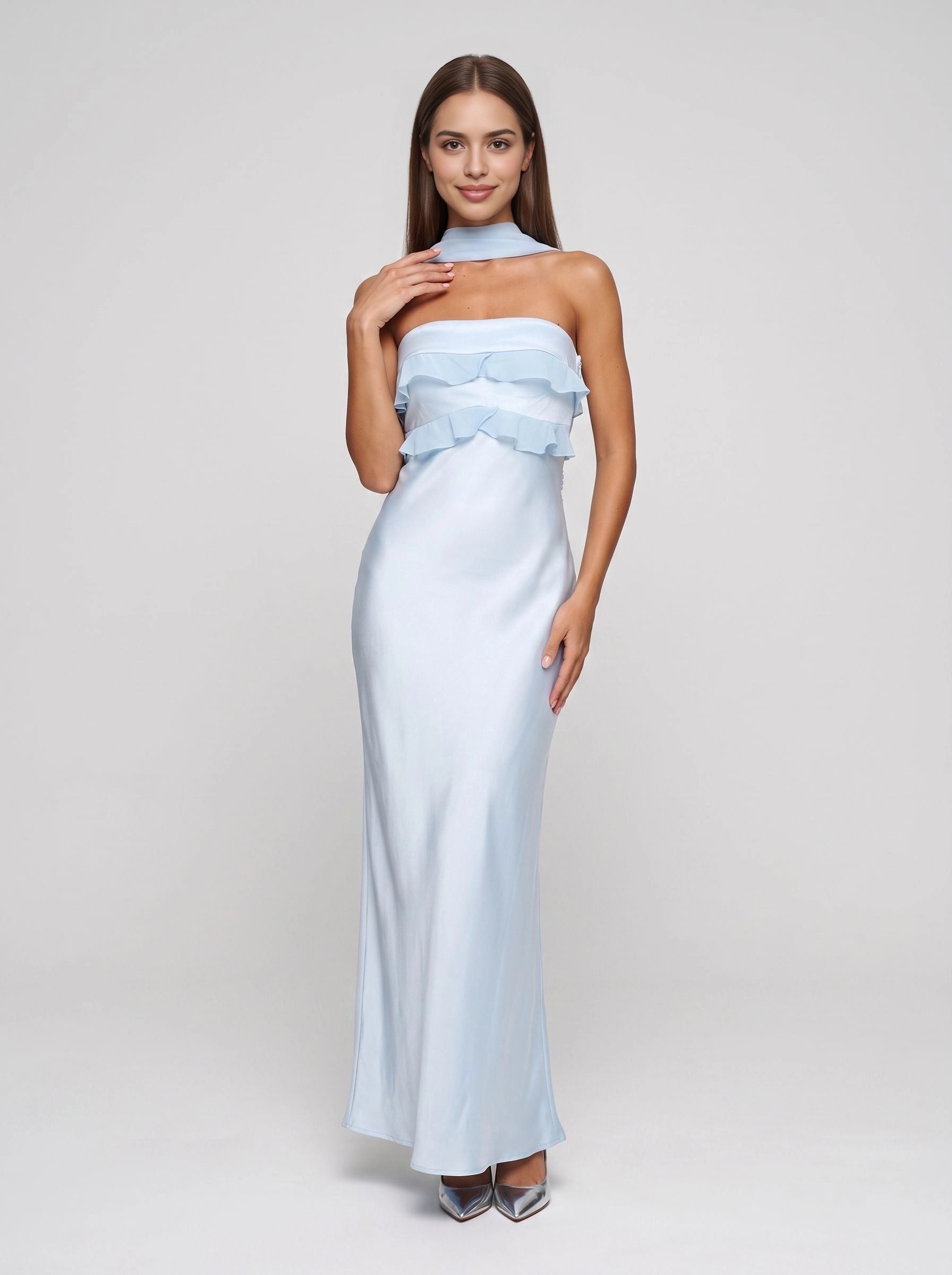 Sky‑Blue Mermaid Strapless Cowl‑Back Long Bridesmaid Dress