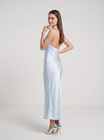 Sky blue satin sheath midi wedding guest dress halter sleeveless pleated bodice open‑back elegant formal gown by Vedress