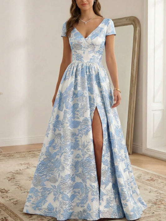 Elegant A-Line Floral Jacquard Prom Dresses with Split Side V Neck Short Sleeve Open Back Maxi Formal Dress