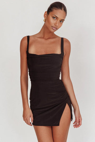 Sleek Bodycon Square-Neck Sleeveless Slinky Mini Open-Back Tie-Back Side-Slit Cocktail Dress