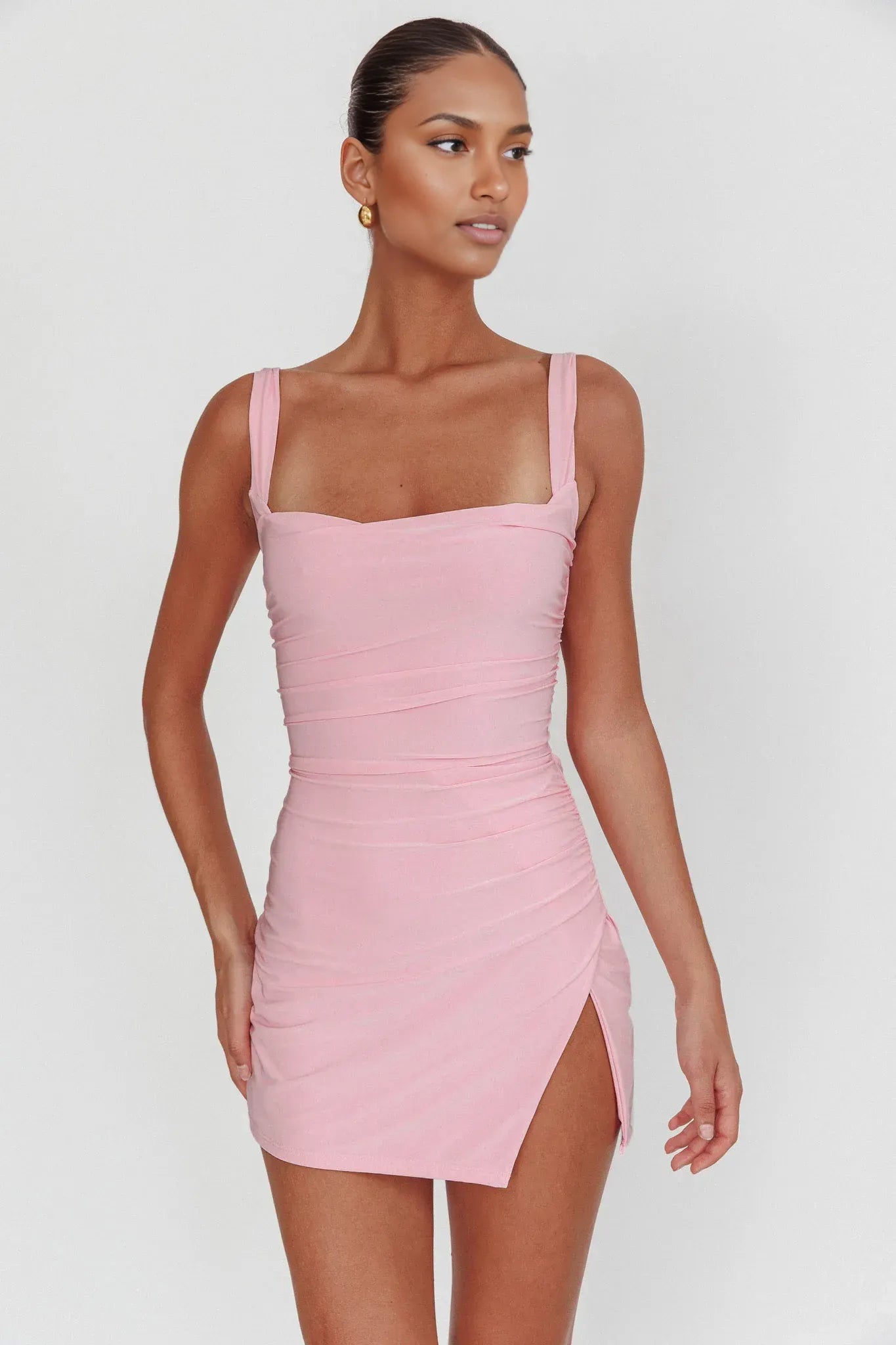 Sleek Bodycon Square-Neck Sleeveless Slinky Mini Open-Back Tie-Back Side-Slit Cocktail Dress