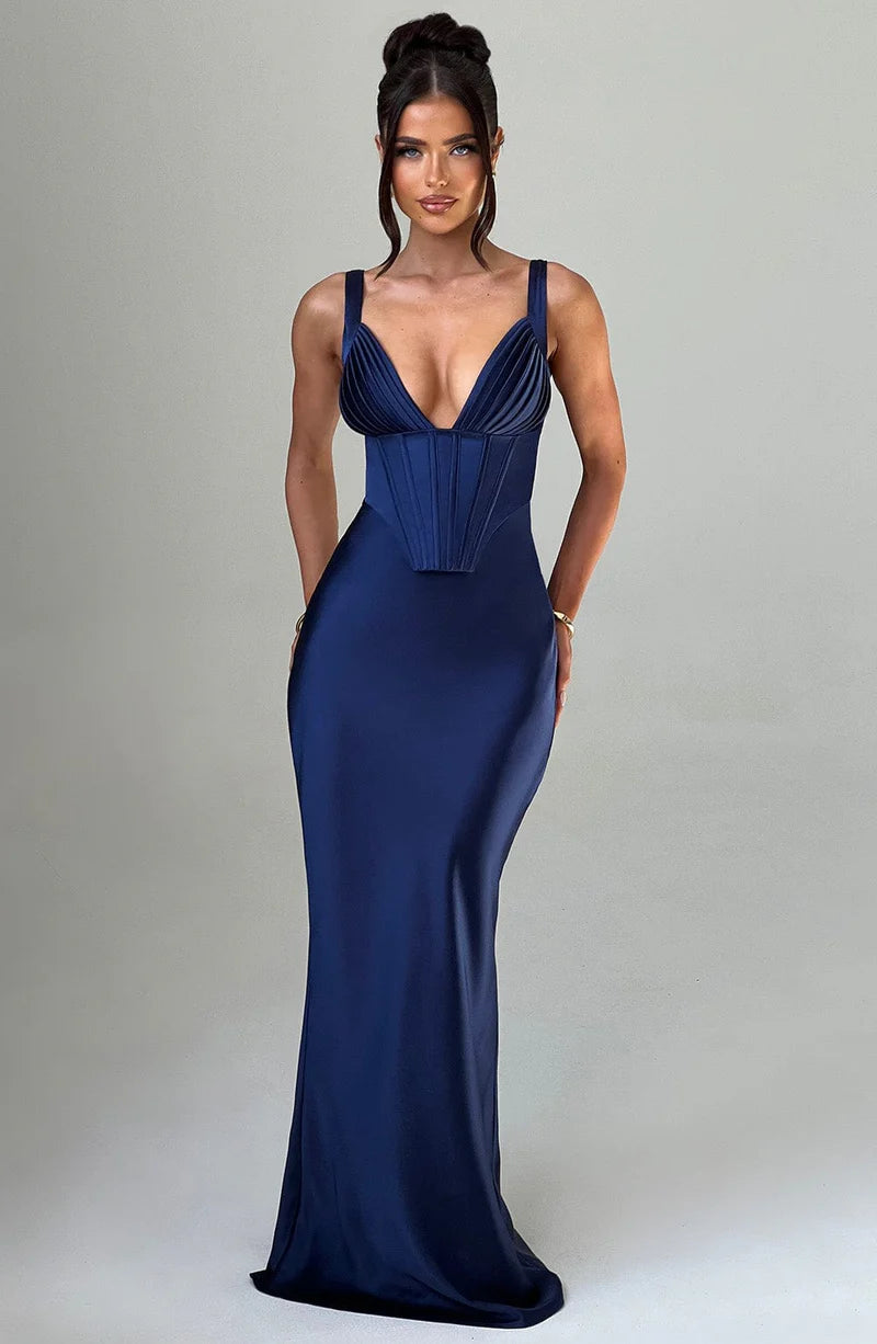 Sleek Fitted V Neck Satin Sleeveless Maxi Gown Corset Evening Dress