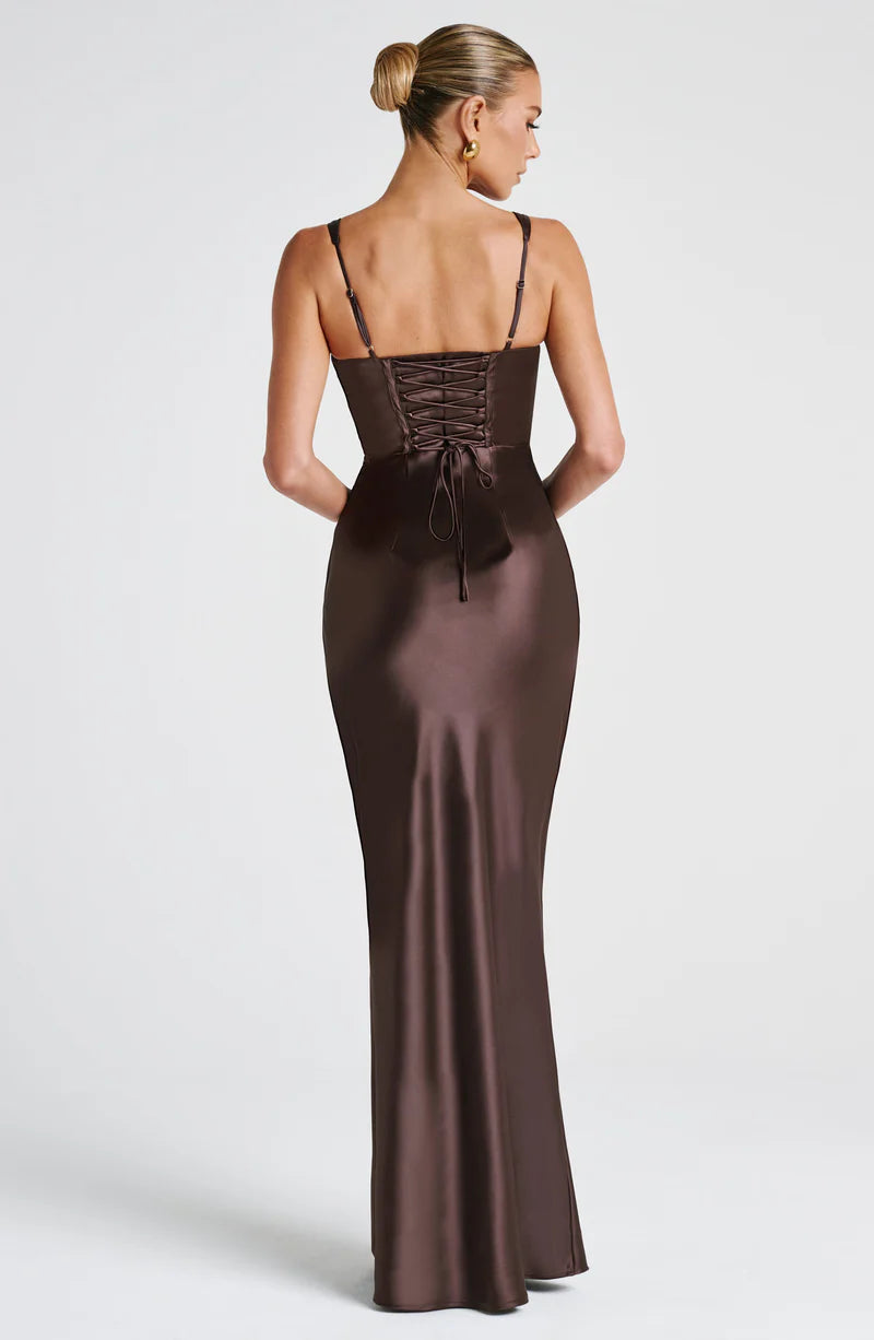 Sleek Fitted V Neck Satin Sleeveless Maxi Gown Corset Evening Dress