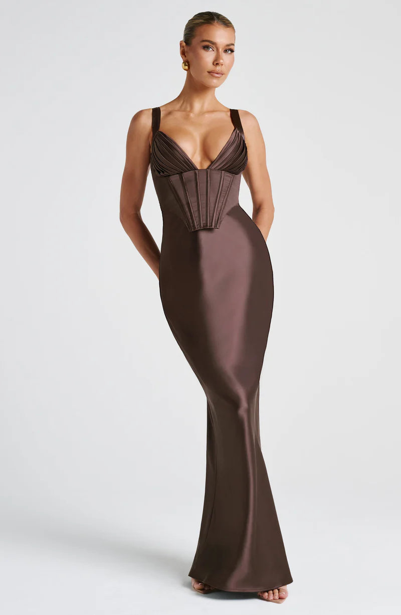 Sleek Fitted V Neck Satin Sleeveless Maxi Gown Corset Evening Dress