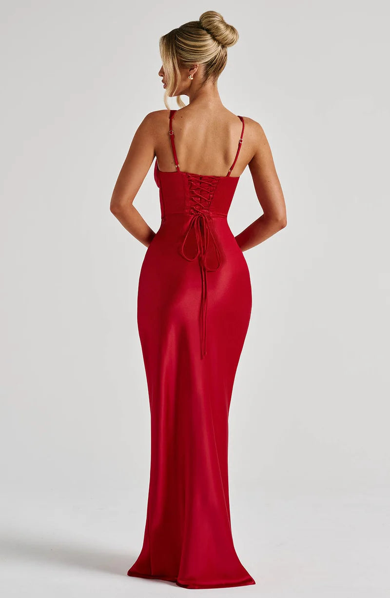 Sleek Fitted V Neck Satin Sleeveless Maxi Gown Corset Evening Dress