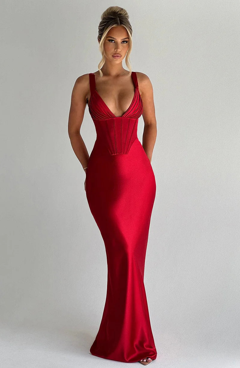 Sleek Fitted V Neck Satin Sleeveless Maxi Gown Corset Evening Dress