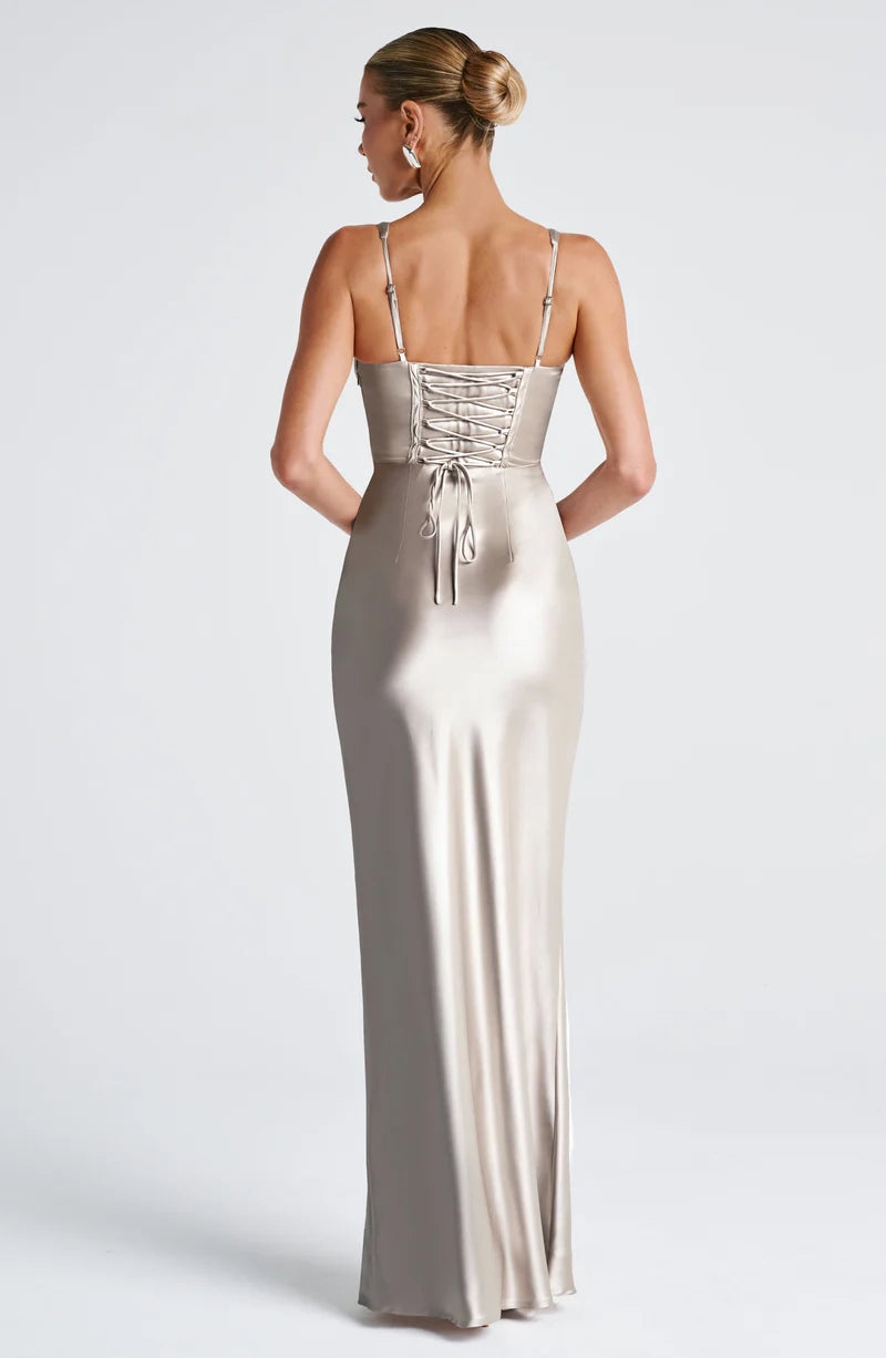 Sleek Fitted V Neck Satin Sleeveless Maxi Gown Corset Evening Dress