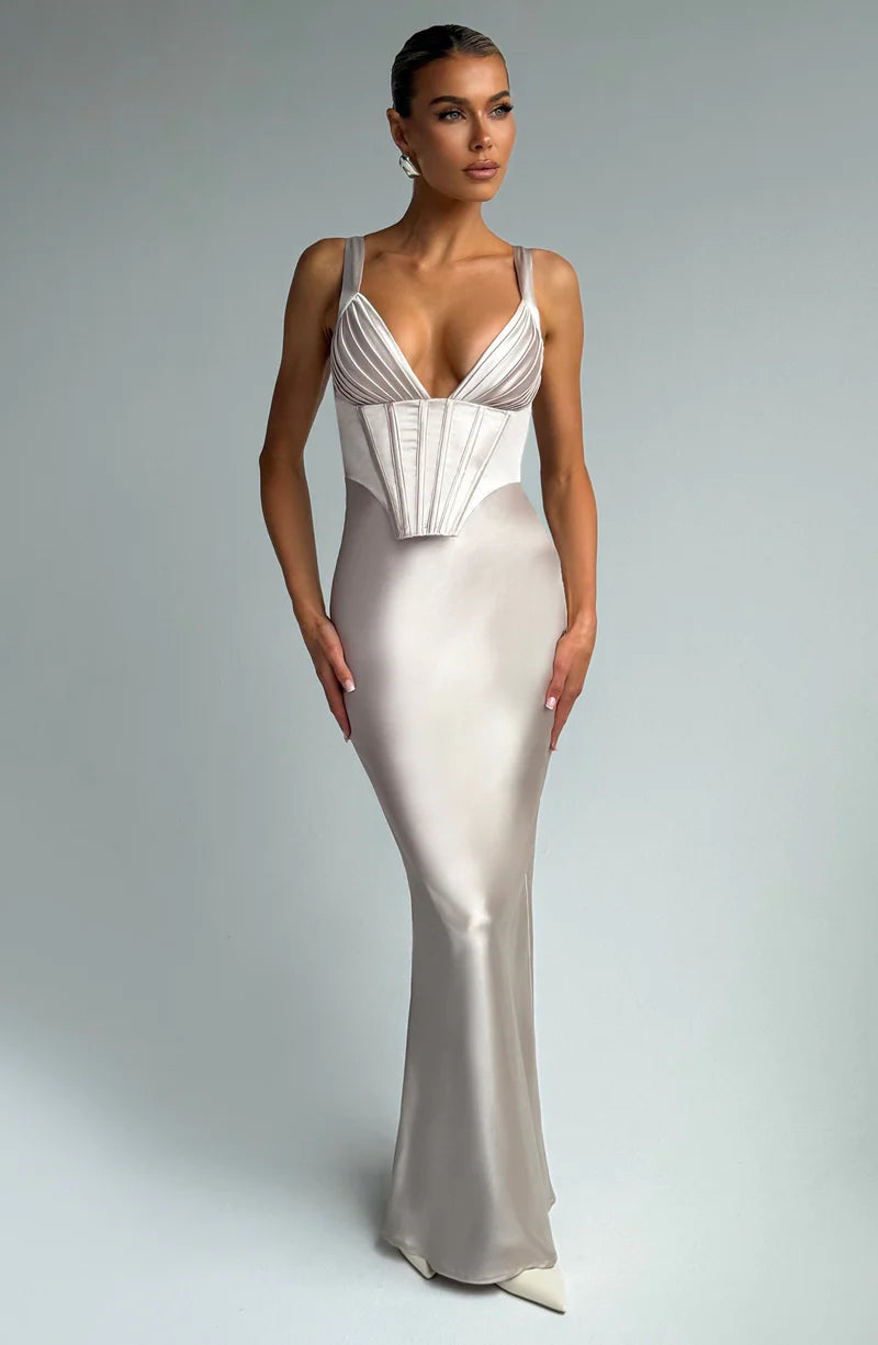 Sleek Fitted V Neck Satin Sleeveless Maxi Gown Corset Evening Dress