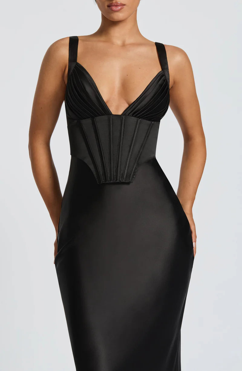Sleek Fitted V Neck Satin Sleeveless Maxi Gown Corset Evening Dress