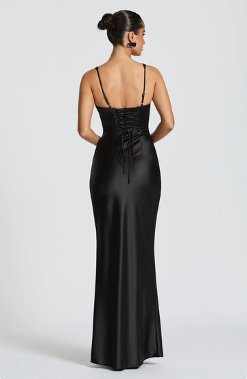 Vestido de Noche Largo de Satén sin Mangas con Cuello en V Ajustado y Corsé