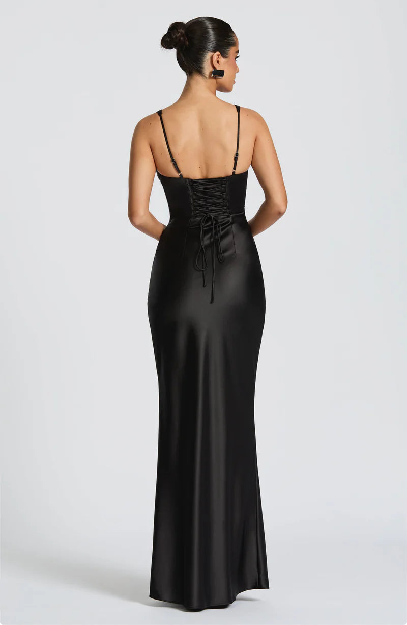 Sleek Fitted V Neck Satin Sleeveless Maxi Gown Corset Evening Dress