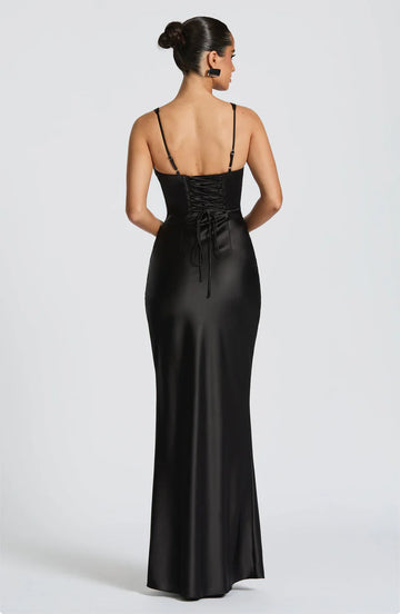 Sleek Fitted V Neck Satin Sleeveless Maxi Gown Corset Evening Dress