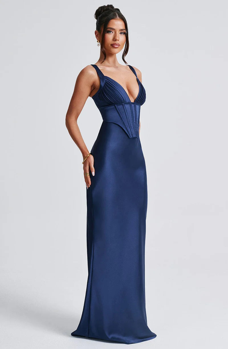 Sleek Fitted V Neck Satin Sleeveless Maxi Gown Corset Evening Dress